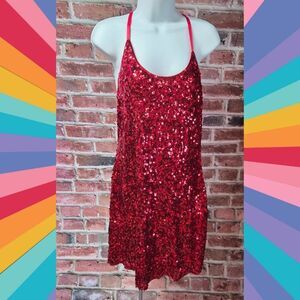 Maner Red Sequin Racerback Dress – Women’s Size Large – Scoop Neck – Sleeveless